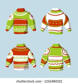Sweaters. Set of warm knitted jumpers with red, green and white pattern and stripes. Winter cozy clothes for Christmas and new year celebration.