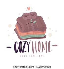 Sweaters stack. Cozy folded woolen knitted clothes, scandinavian comfort, natural fabrics, retro winter pullovers. Vector concept