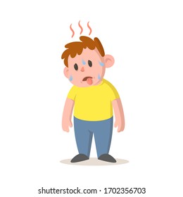 Sweating boy feeling hot, high temperature, hot weather. Cartoon character design. Colorful flat vector illustration, isolated on white background.