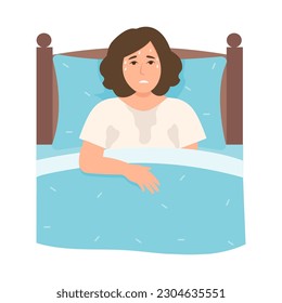 Sweating during sleep.Night sweat or hot flashes in. Menopause or disease symptoms. Flat vector  illustration
