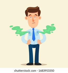 Sweating, excessive perspiration, diaphoretic. A young man with wet armpits and smelly odor from the armpits. Vector illustration, flat design, cartoon style, isolated background.