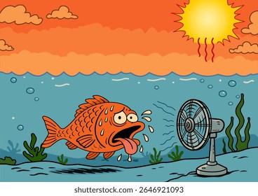 Um peixe suando no Atlântico, uma ilustração surreal, mas um aviso real. Nossos oceanos estão aquecendo. A vida marinha está em perigo. O tempo está acabando.
