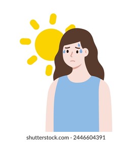 Sweating girl under hot sun. Summer, climate, hot temperature, over heat, healthcare concepts. Flat vector character design illustration isolated on background.