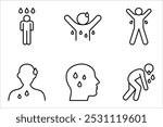 Sweating linear style icon set. Person sweating, drops of sweat on body. vector illustration on white background