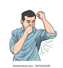Sweating Man Feeling Bad Smell Coming From His Own Armpits, Guy Having Body Odor Problem Vector Illustration
