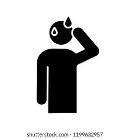 Sweating man glyph icon. Silhouette symbol. Cold sweat. Worrying and nervous person. Anxiety and stress. Panic. Physiological stress symptoms. Negative space. Vector isolated illustration