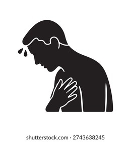 Sweating man glyph icon. Silhouette symbol. Cold sweat. Worrying and nervous person. Anxiety and stress. Panic. Physiological stress symptoms. Negative space. Vector isolated illustration
