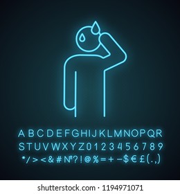Sweating man neon light icon. Cold sweat. Worrying and nervous person. Anxiety and stress. Panic. Physiological stress symptoms. Glowing sign with alphabet, numbers. Vector isolated illustration