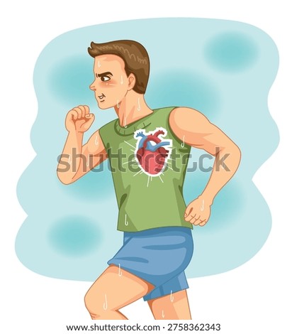 Sweating man running with visible heart icon representing fitness, cardio workout, endurance, and healthy lifestyle.