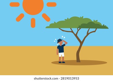 A sweating man stands beneath a lone tree in a hot, sunny desert landscape, shielding his face from intense heat. The scene conveys exhaustion, thirst, isolation and brief relief found in shade.