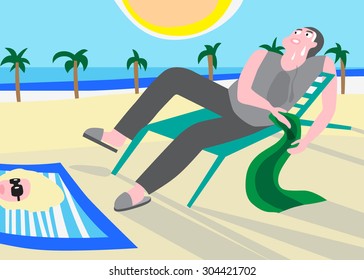 sweating man and sunshine on the beach - vector cartoon