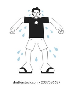 Sweating outdoors in summertime monochrome concept vector spot illustration. Sad man with sweaty armpits 2D flat bw cartoon character for web UI design. Heat isolated editable hand drawn hero image