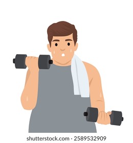 Sweating overweight man lifts dumbbells with effort, dedication to personal health improvement. Flat vector illustration isolated on white background