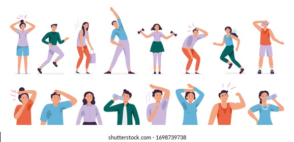 Sweating people. Sweaty man with wet underarms, gymnastically tired girl and unpleasant underarm smell vector set. Man and woman sweat, sweaty and sweating body illustration