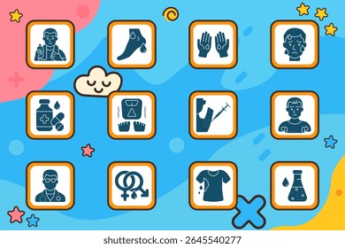 Ícone de conjunto de sintomas de sudorese. Homem com mamadeira, pé suando, mãos suadas, face nervosa, embalagem de medicamentos, desequilíbrio de peso, injeção, remoção de cabelo, sinal masculino, médico, ícone de gênero, camisa molhada, amostra de laboratório
