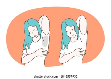 Sweating, unpleasant smell in armpits, using deodorant concept. Young woman cartoon character feeling frustrated having sweating wet pot under arm on t-shirt and feeling happy with clean dry armpit 