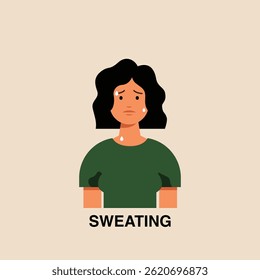 Ilustración vectorial de sudoración. Retrato plano del carácter femenino que tiene condición médica, síntomas de enfermedad o efecto secundario de las medicinas.