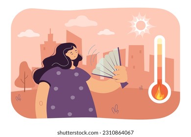 Sweating woman with fan in hot weather vector illustration. Cartoon drawing of girl during heatwave or drought, high temperature, global warming. Climate change, heat, summer, ecology concept
