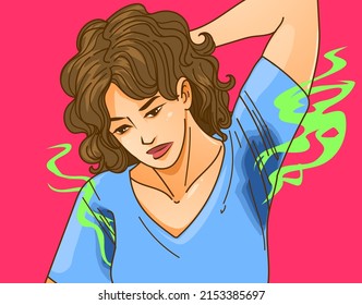 Sweating woman. Stunk sweating t-shirt. Healthcare illustration. Vector illustration. 