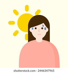 Sweating woman under hot sun. Hot temperature, over heat, healthcare concepts. Flat vector character design illustration isolated on background.