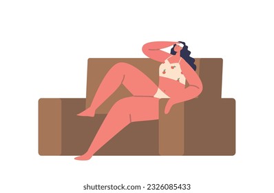 Sweating Woman Wear Linen Sitting On Couch, Struggling With Heat In Her Home. Female Character Seeking Relief