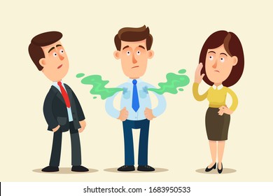 Sweating at work. Young man with wet armpits and smelly odor from the armpits. Colleagues wrinkle their nose from the stinky smell. Vector illustration, flat design cartoon style, isolated background.