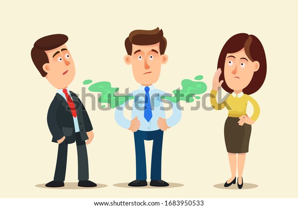 Sweating at work. Young man with wet armpits\
and smelly odor from the armpits. Colleagues wrinkle their nose\
from the stinky smell. Vector illustration, flat design cartoon\
style, isolated\
background.