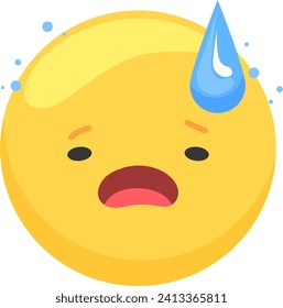 Schwitzen gelber Emoji mit einem Tropfen Schweiß und ängstlichem Ausdruck. Digitales Emotikon, das Stress, heißes Wetter oder körperliche Belastungsvektorgrafik zeigt.