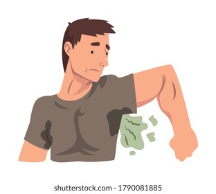 Sweating Young Man Feeling Bad Smell Coming From His Own Armpits, Guy Having Body Odor Problem Vector Illustration