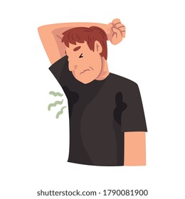 Sweating Young Man Feeling Bad Smell Coming From His Own Armpits, Personal Hygiene Problem Vector Illustration