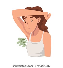 Sweating Young Woman Feeling Bad Smell Coming From Her Own Armpits Vector Illustration