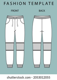 Sweatpants fashion Flat sketch templates, pant front and back view.