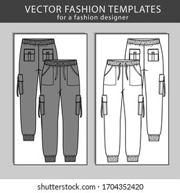 Sweatpants fashion.  Flat sketch Vector templates, jogging trousers, front and back