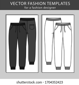 Sweatpants fashion.  Flat sketch Vector templates, jogging trousers, front and back