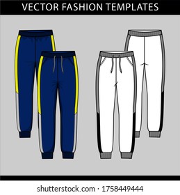 Sweatpants fashion.  Flat sketch Vector templates, jogging trousers, front and back