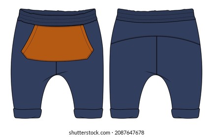 Sweatpants Fashion flat sketch vector illustration template For Kids. Apparel Clothing Design navy blue color Mock up Cad.