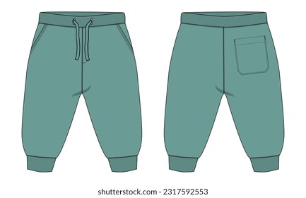 Pantalón de dibujo plano de moda Modelo de ilustración vectorial para niños. Vestimenta Diseño color verde Maqueta arriba Cad aislado en fondo blanco
