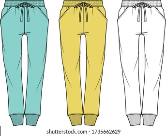 Sweatpants fashion flat sketches. Apparel template