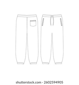 Sweatpants Flat Technical Drawing – Pocket Joggers Mockup Template for Fashion Design, CAD Illustration Tech Packs – Classic Blank Streetwear Apparel Sketch for Clothing Sportswear