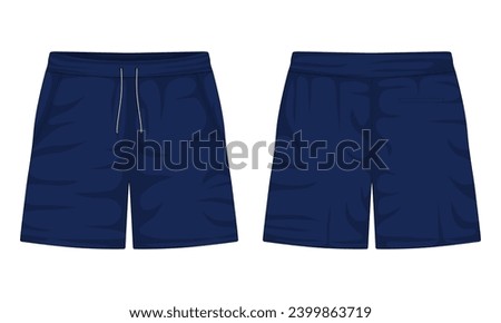 Sweatpants front and back view. Sports shorts. Navy blue casual shorts. Vector illustration