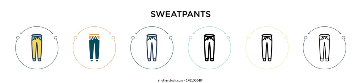 Icono de pantalones de sudadera en el estilo relleno, delgado, contorno y trazo. Ilustración vectorial de dos diseños de iconos vectoriales de chapa de color y negro para móviles, ui, web