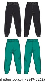 Sweatpants technical drawing fashion flat sketch vector illustration black and green color template front and back views.