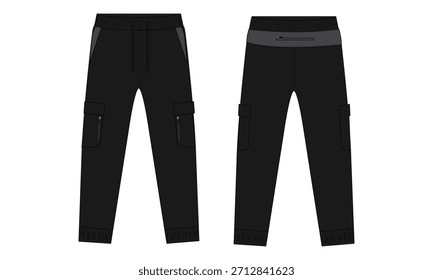 Pantalones deportivos de dibujo técnico Ilustración vectorial color negro Plantilla frontal y trasera	