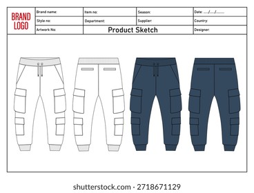 Pantalones deportivos de dibujo técnico Ilustración vectorial blanco y azul marino color Plantilla frente y espalda
