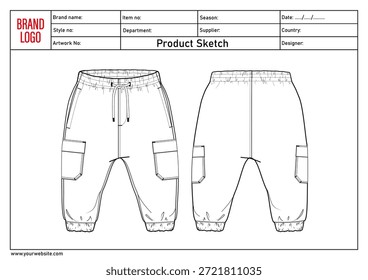 Sweatpants technical drawing vector illustration template with tech pack details