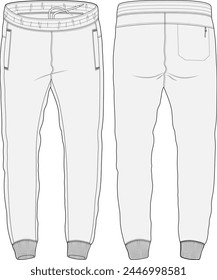 Sweatpants technical fashion illustration design template with cuffed ankles and back pocket front and back view