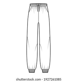 Sweatpants technical fashion illustration with elastic cuffs, low waist, rise, full length, drawstrings. Flat knit training trousers apparel template front, white color. Women men unisex CAD mockup