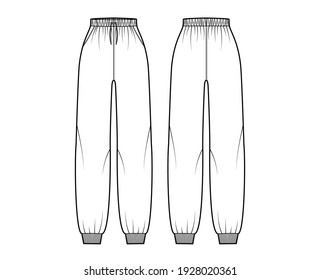 Sweatpants technical fashion illustration with elastic cuffs, normal waist, high rise, drawstrings. Flat knit training trousers apparel template front, back, white color. Women men unisex CAD mockup