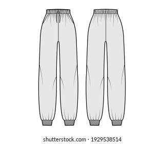 Sweatpants technical fashion illustration with elastic cuffs, normal waist, high rise, drawstrings. Flat knit training trousers apparel template front, back, grey color. 