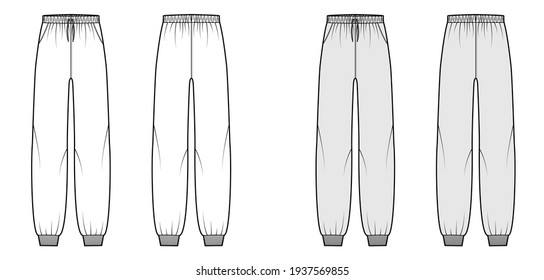 Sweatpants technical fashion illustration with elastic cuffs, low waist, rise, full length, drawstrings. Flat knit training apparel template front, back, white grey color. Women men unisex CAD mockup